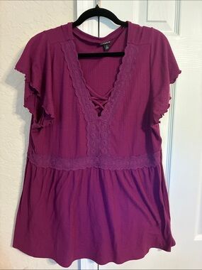 torrid Plum Lace-Trim V-Neck Flutter Sleeve Tunic
